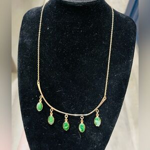 Vintage Green Cabochon Necklace Gold Tone 16” Mid Century